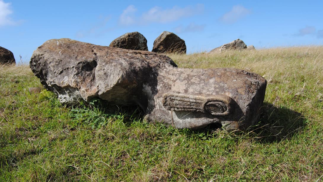 Socha moai z trachytu na sopce Poike.