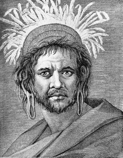 Tekening van een man van Paaseiland met lange oorlellen, James Cook 1774, Rapa Nui.