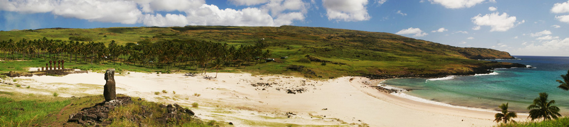 Anakena of Rapa Nui (Easter Island) where first king Hotu Matu'a and his fellow settlers disembarked.