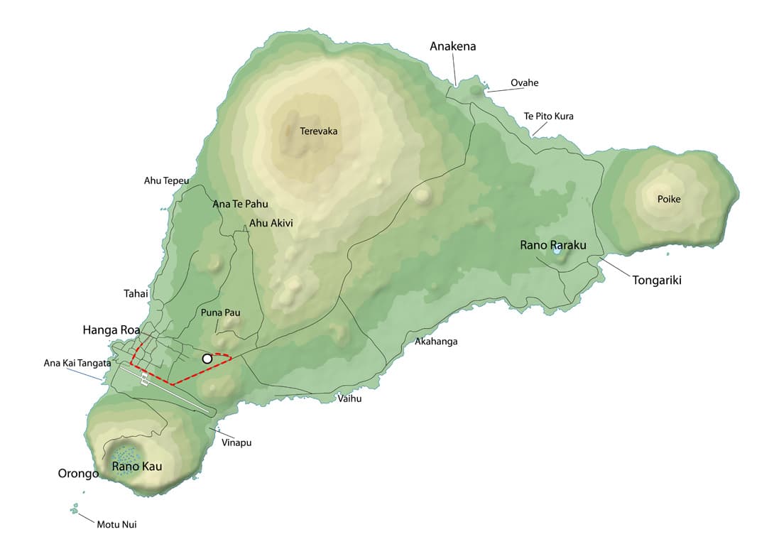 Mapa Velikonočního ostrova s cestou k Ahu Huri A Urenga