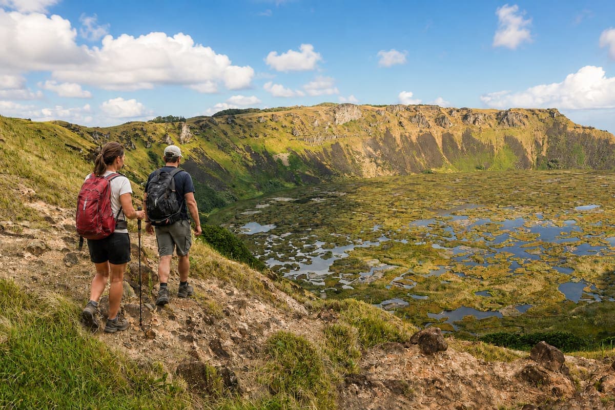 Hikers on the rim of Rano Kau
